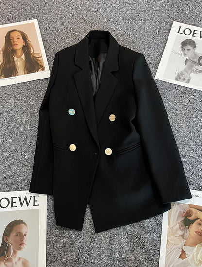 Casual Small Suit Jacket Women Fashion Loose Metal Double-Breasted Blazer Coat Korean Occupation Office Formal Lapel Blazers
