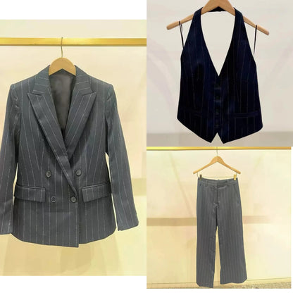 Women's Shiny Stripes Double Breasted Blazer Coat or Backless Vest Top or Zipper Long Pants Office Wear Long Sleeve Jacket Top