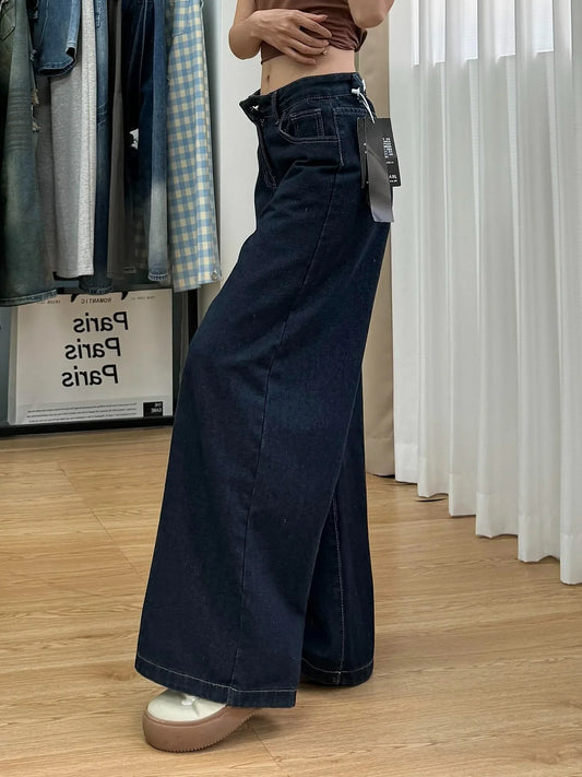 Vintage Navy Blue Wide Leg Jeans Women High Waist Slim Fit Straight Leg Pants Minimalist Draping Floor Length Denim