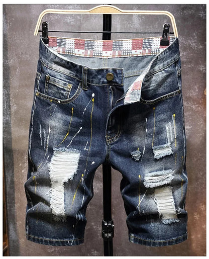 Vintage Short Jeans Men 2024 Summer New Ripped Hip Hop Graffiti Male Denim Shorts Streetwear Hole Knee Length Pants