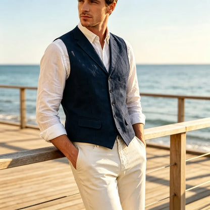 Men's Linen Suit Vest Lapel Sleeveless Summer Linen Waistcoat Single Breasted  For Beach Wedding Holiday Mens Gilet