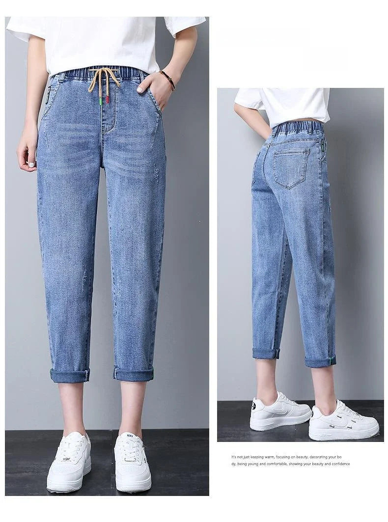 Elastic Waist Dad Harem Jeans Women's Light Blue Spring Summer New Style High Waist Wear Resistant Eighteen Inches Blue Jeans
