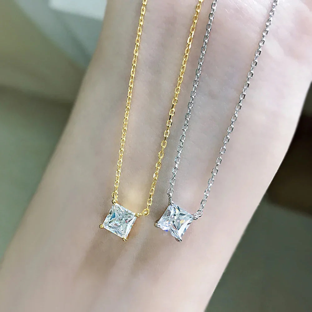 1CT Princess Cut Solitaire Square Moissanite Diamond Pendant Necklace 18k Gold Plated 925 Sterling Silver Sparkling Jewelry Gift