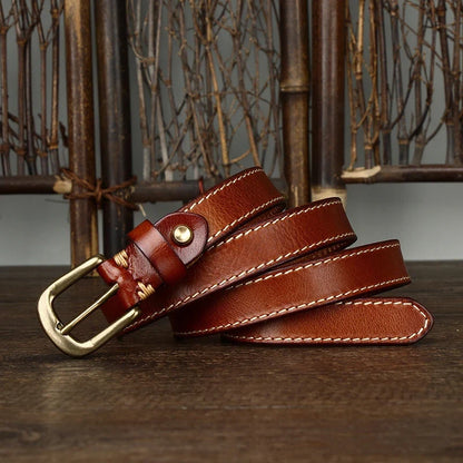 2.4CM Ladies Pure Cowhide High Quality Genuine Leather Thin Belts for Women Copper Buckle Jeans Cowboy Korean Version Female