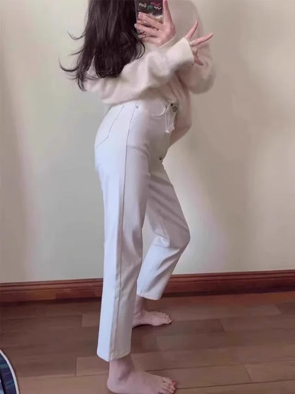 High Waist Slim Fit Straight Leg Denim Jeans Women's Small Stature Elastic White Nine-Tenths 45cm e Tube Summer Jeans