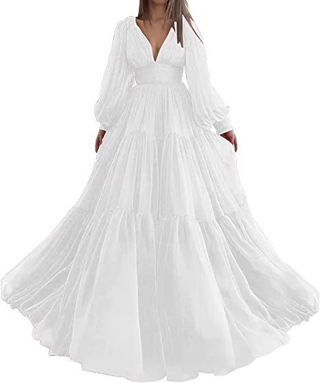 Pleat Tulle Princess Prom Gown V-Neck Long Puff Sleeve Plus Size Evening Gown Elegant Dress Women for Wedding Party