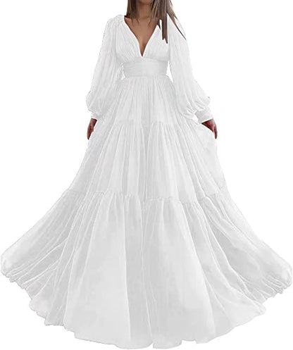 Pleat Tulle Princess Prom Gown V-Neck Long Puff Sleeve Plus Size Evening Gown Elegant Dress Women for Wedding Party
