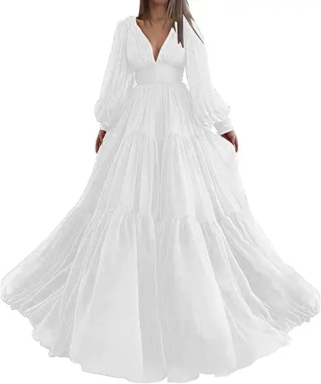 Pleat Tulle Princess Prom Gown V-Neck Long Puff Sleeve Plus Size Evening Gown Elegant Dress Women for Wedding Party
