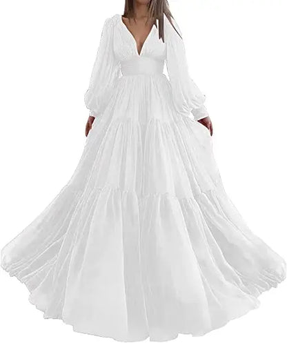 Pleat Tulle Princess Prom Gown V-Neck Long Puff Sleeve Plus Size Evening Gown Elegant Dress Women for Wedding Party