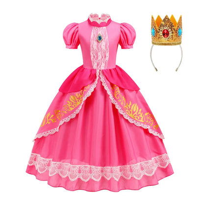 Pumber Bros Vedio Game Movie Cosplay Girl Peach Dress up Lace Ball Gown Princess Costume Kid Cute Halloween Clothing Frock 2-10Y