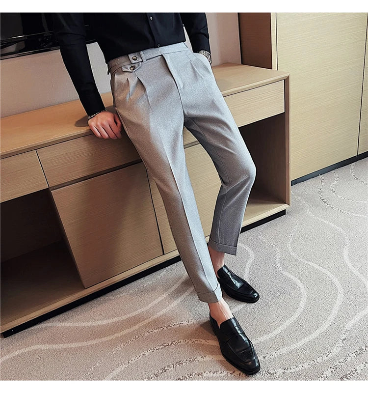 British Style Spring New Solid Business Casual Suit Pants High Waist Button Men Formal Pants High Quality Slim Office Trousers