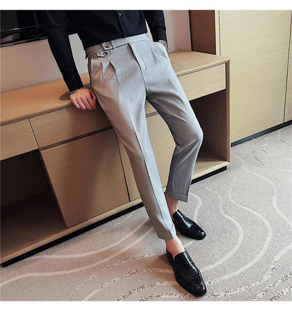 British Style Spring New Solid Business Casual Suit Pants High Waist Button Men Formal Pants High Quality Slim Office Trousers