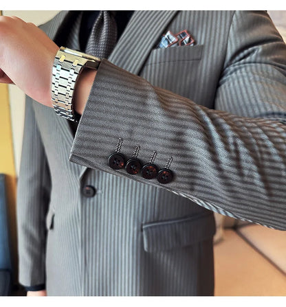 Luxury Stripe Men Suit Korean Version Fashion Elegant Slim Fit Tuxedo Formal Groom Wedding Social Suits