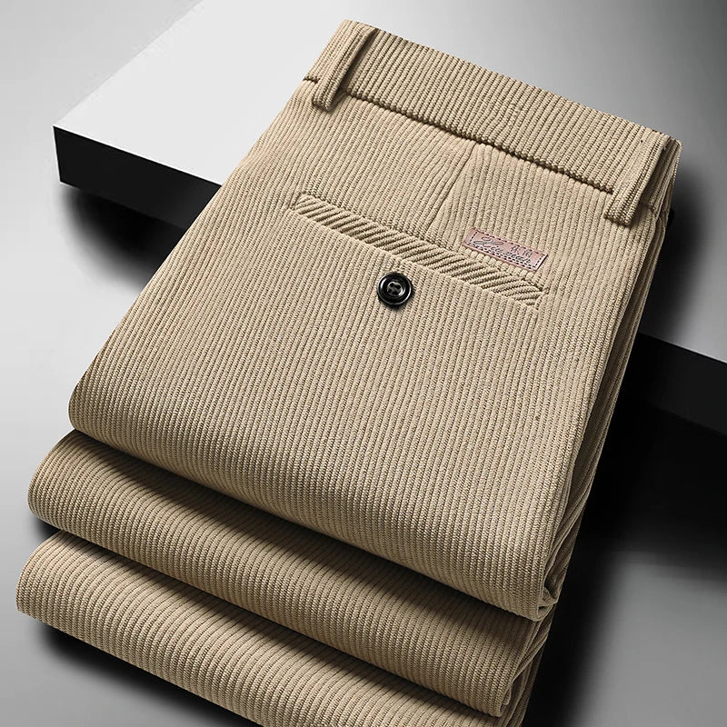 Mens Business Casual Pants Corduroy Suit Pants Autunn Formal Dress Pants Brown Navy Khaki 29-42