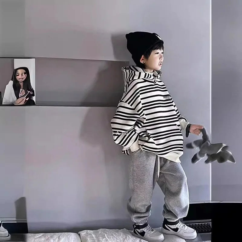 Spring Autumn School Kids 2PCS Tracksuit Boys Loose Striped Sweatshirt+Gray Sweatpant Workout Sets Child Jogger Outfits 9-16 Yr
