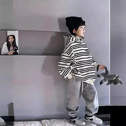 Spring Autumn School Kids 2PCS Tracksuit Boys Loose Striped Sweatshirt+Gray Sweatpant Workout Sets Child Jogger Outfits 9-16 Yr