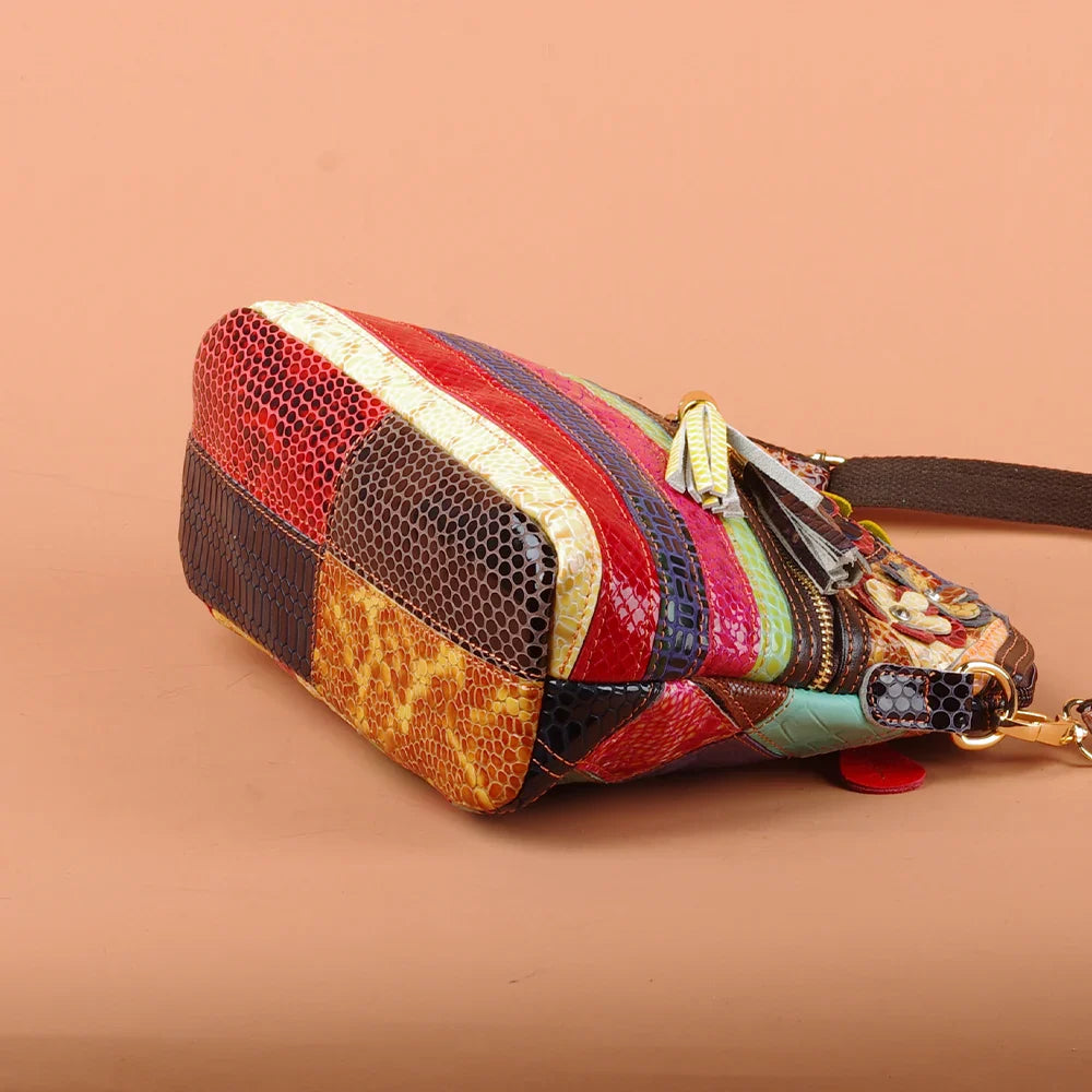 Multi-color snake pattern splicing tassel genuine leather cowhide bag shoulder women's bag personalized casual women's small bag
