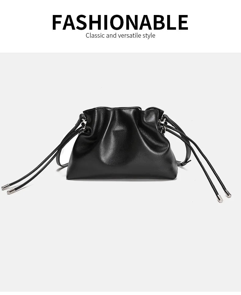 Luxury Pleated Cloud Crossbody Bag - Premium Genuine Leather Drawstring Shoulder Purse, Versatile Small Bag for Elegant Lady
