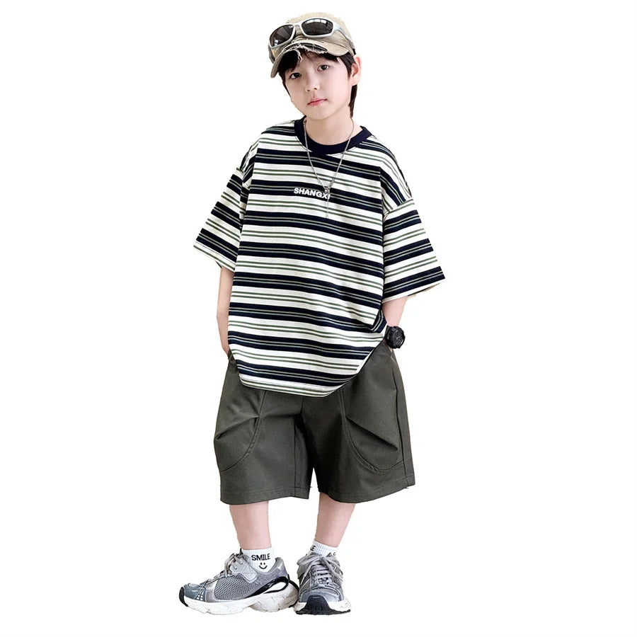 Korean Kids Striped Summer Suit for Boys Top and Bottom Set Children Cotton Short Sleeve T-shirt and Cargo Shorts Clothes Set