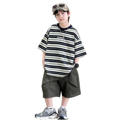 Korean Kids Striped Summer Suit for Boys Top and Bottom Set Children Cotton Short Sleeve T-shirt and Cargo Shorts Clothes Set