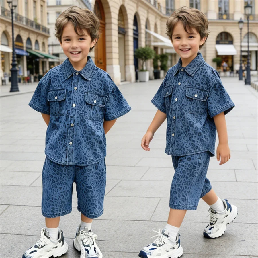 Trend Kids Boy Summer Leopard Denim Suit Two Piece Outfit Set y2k Denim Shirt And Shorts Clothing Set for Baby Child Streetwear