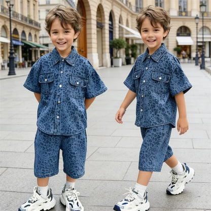 Trend Kids Boy Summer Leopard Denim Suit Two Piece Outfit Set y2k Denim Shirt And Shorts Clothing Set for Baby Child Streetwear