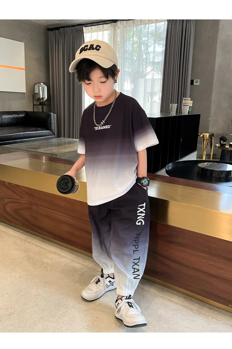 Summer Boys Gradient Contrast Alphabet t-Shirt Tops+Pant Workout Sets School Kids 2PCS Tracksuit Children Jogger Outfits 5-16 Yr
