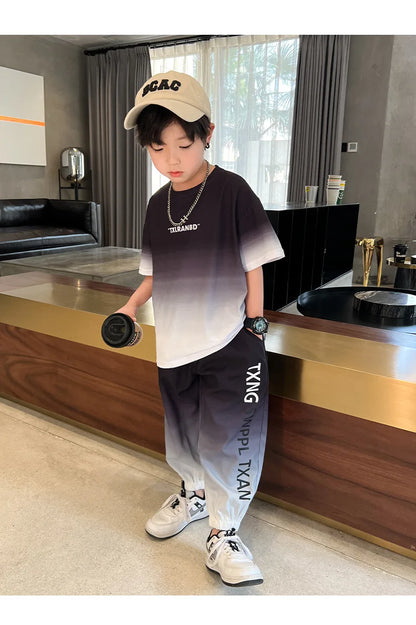 Summer Boys Gradient Contrast Alphabet t-Shirt Tops+Pant Workout Sets School Kids 2PCS Tracksuit Children Jogger Outfits 5-16 Yr
