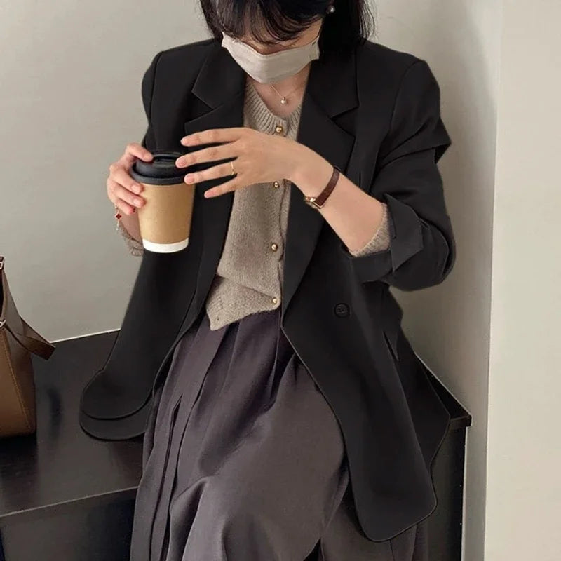 Spring Autumn Elegant Grey Women's Blazer Jacket 2025 New Long Sleeve Single Button Office Lady Loose Outwear for Women