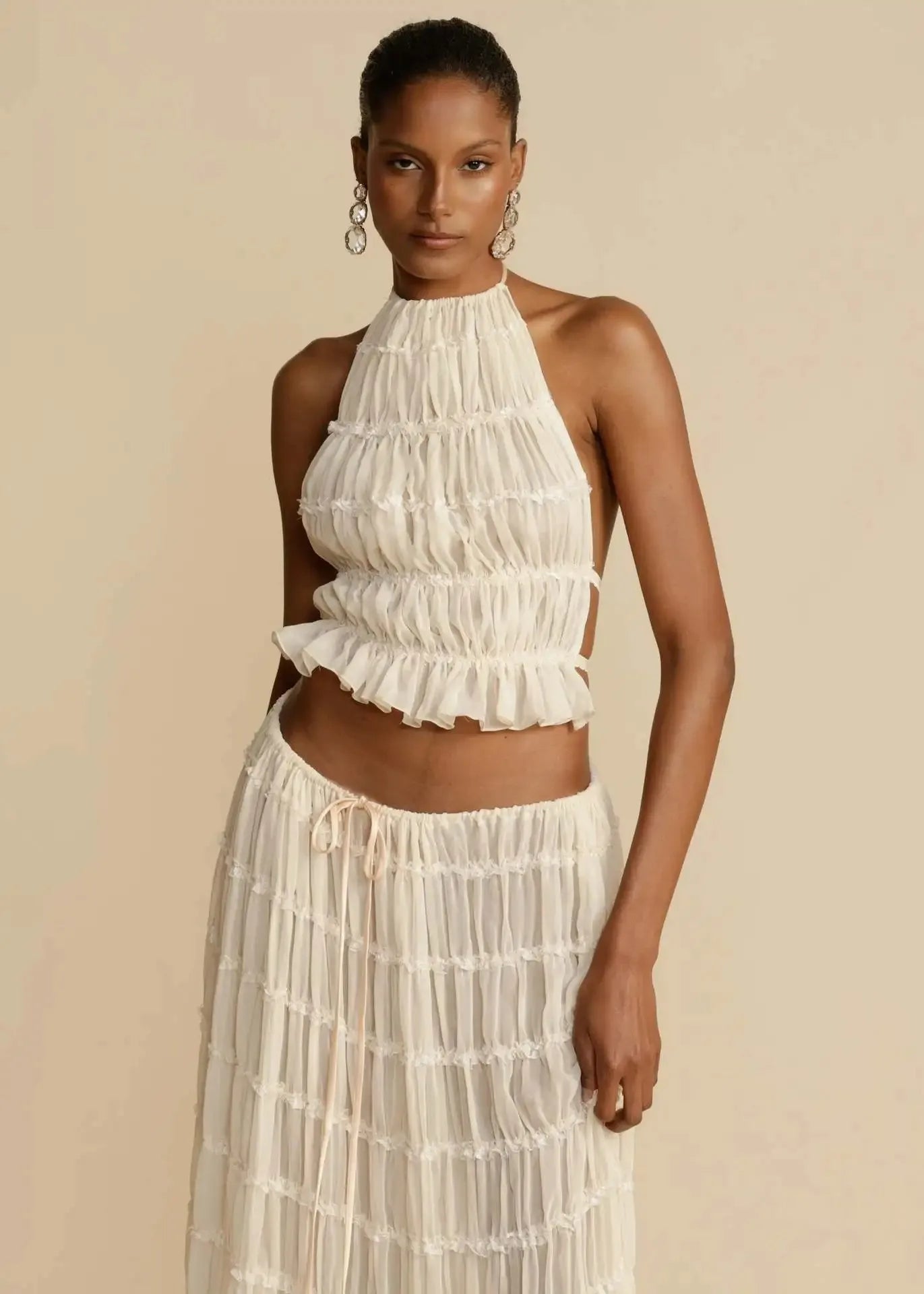 Fashion Halter Neck Long Skirt Suit Women Backless Sling Top Lace Up Fold Maxi Skirts New Summer Female 2 Piece Set Outfits