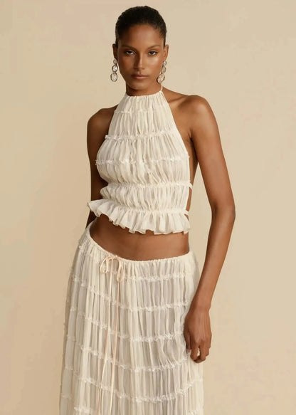 Fashion Halter Neck Long Skirt Suit Women Backless Sling Top Lace Up Fold Maxi Skirts New Summer Female 2 Piece Set Outfits