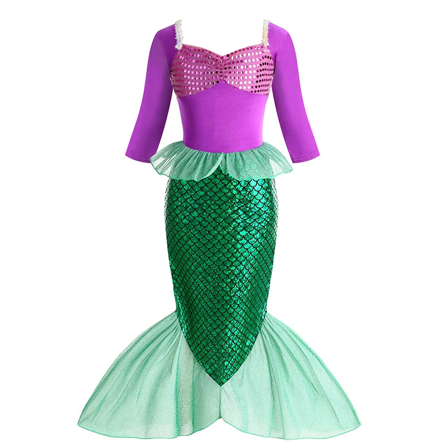 Christmas Holiday Birthday Party Mermaid Princess Same Style Girl Ariel Cosplay Long Sleeve Mermaid Dress Accessory Suit