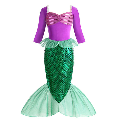 Christmas Holiday Birthday Party Mermaid Princess Same Style Girl Ariel Cosplay Long Sleeve Mermaid Dress Accessory Suit