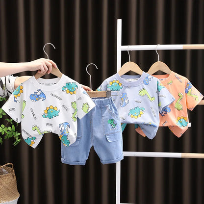 Summer Toddler Clothes Suit Full Print Dinosaur Pattern Short Sleeved Tshirt&shorts Set For Outdwear Tracksuit Boys Clothes Suit