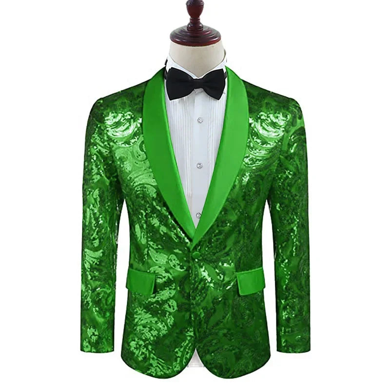 2026 Men's Shiny Gold Sequins Blazer Stylsih Shawl Collar One Button Tuxedo Floral Suit Jacket Party Wedding Groom Costume Homme