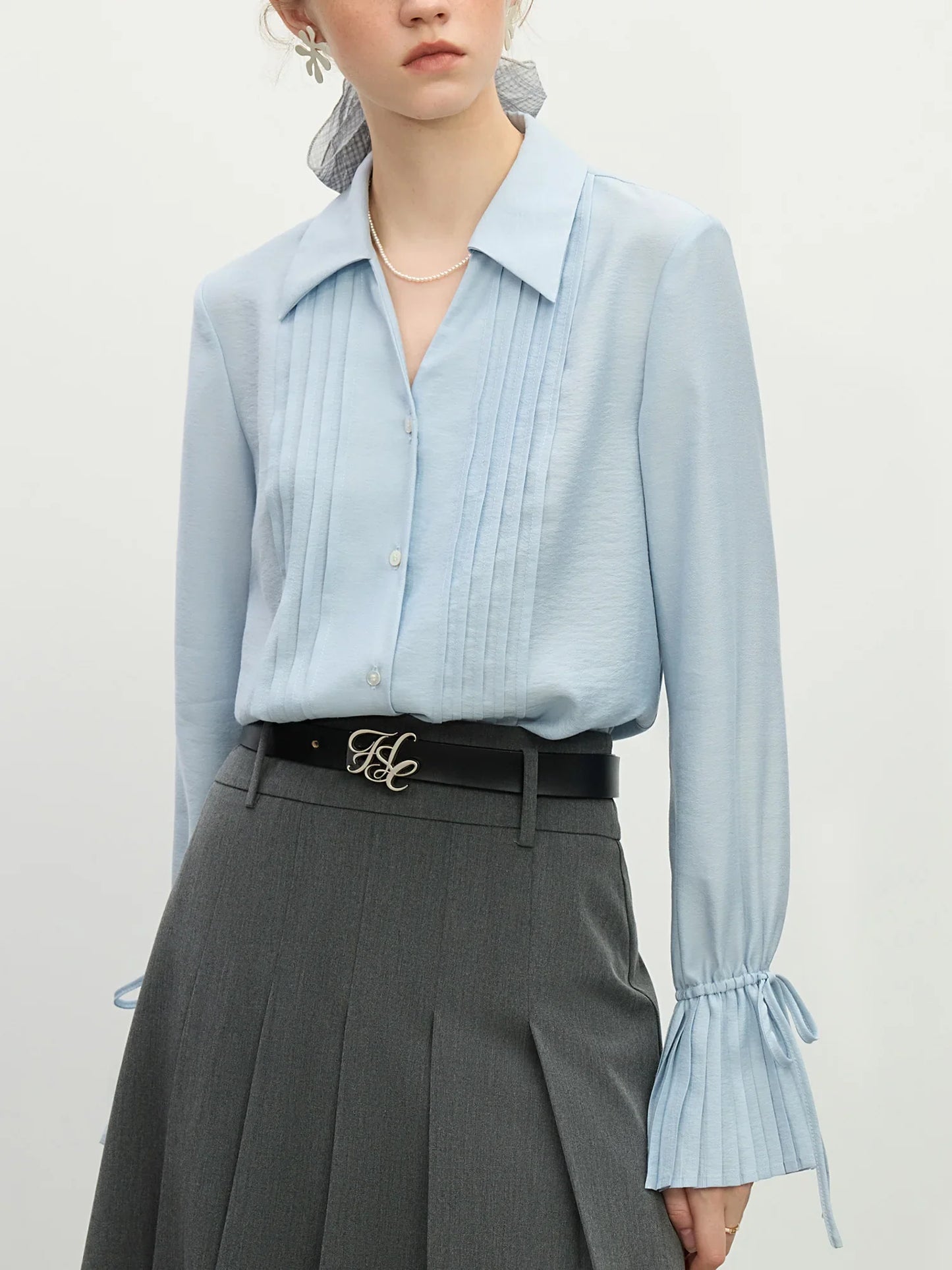 Blue Shirt For Women Spring 2025 New Design French Style Pleated Long Sleeve Chic Shirt Versatile Casual Top 25FS11150
