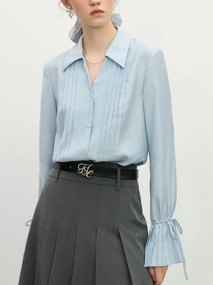 Blue Shirt For Women Spring 2025 New Design French Style Pleated Long Sleeve Chic Shirt Versatile Casual Top 25FS11150