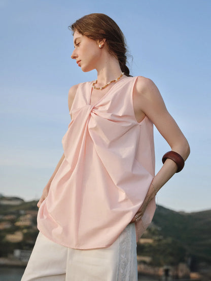 Korean Style Twisted Sleeveless Shirt Female 2025 Summer New V-neck Slim Cotton Pink Top 25FS12743
