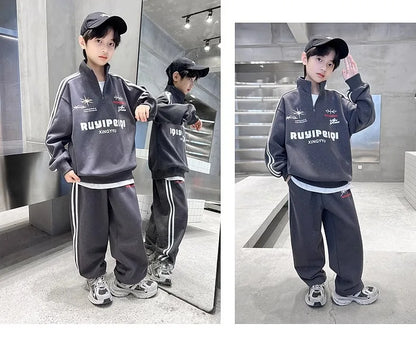 Spring Autumn Boys Striped Half Zip Sweatshirt+Sweatpant Workout Sets School Kids Tracksuit Children Outfit Jogging Suit 5-16 Yr