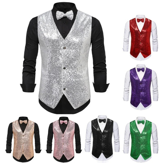 2026 Silver Fashion Shining Sequin Vest for Men,Party Banquet Dishco Stage Performance Multi Color Men's Sequined Vests with Tie