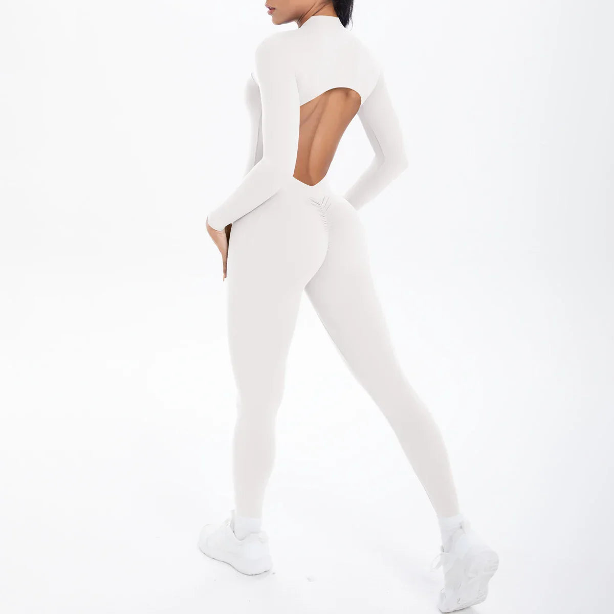 Solid Color Bodysuits for Woman's Backless Long Sleeved Zipper Yoga Jumpsuits High Dtrength Workout Sports Fitness Clothing Set