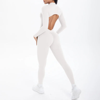 Solid Color Bodysuits for Woman's Backless Long Sleeved Zipper Yoga Jumpsuits High Dtrength Workout Sports Fitness Clothing Set