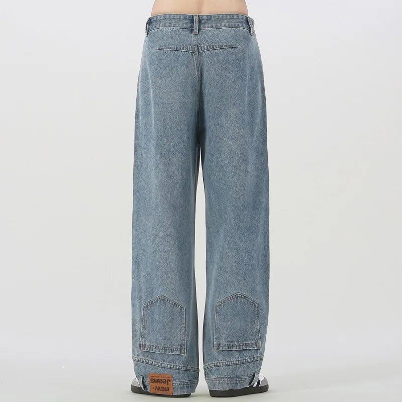 Vintage American Retro Reverse Side Turned Denim Jeans Men Women Couple Straight Wide Leg Baggy Drag Pants Trendy