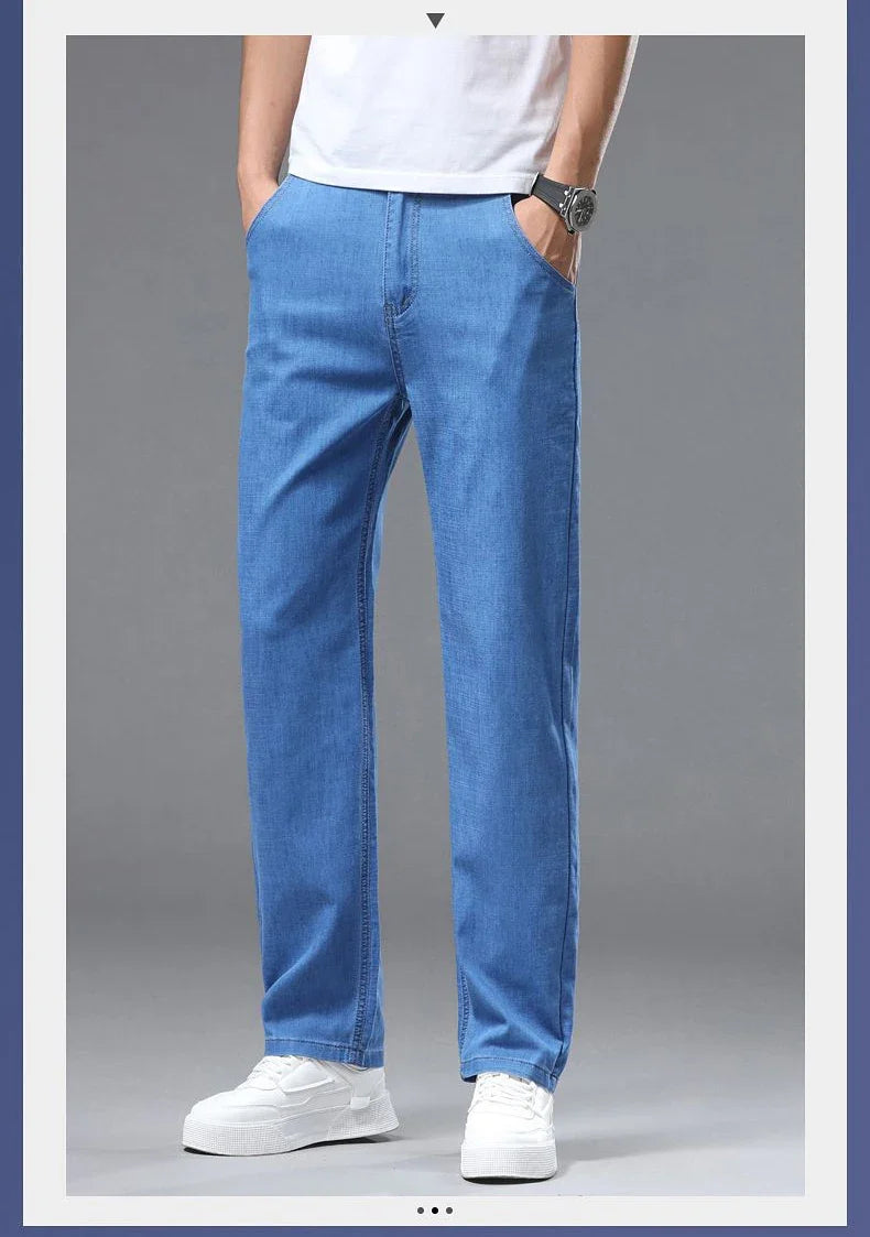 Light blue classic business jeans, fashionable breathable denim elastic pants, black blue men's straight leg jeans, sizes 28-40