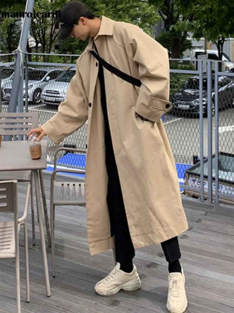 Spring Autumn Long Oversized Black Khaki Trench Coat Men Raglan Sleeve Single Breasted Loose Casual Korean Fashion