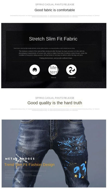 Harajuku Fashion Men's High-end Embroidered Jeans Korean Style Prints Patches Slim Fit Casual Spring Autumn Cowboy Trousers