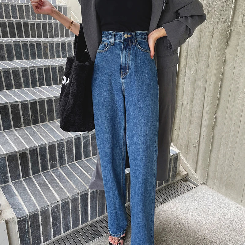 Retro High Waist Straight Leg Blue Jeans Women's Autumn Spring Season Versatile Loose Fit Long Pants Ladies Premium Denim