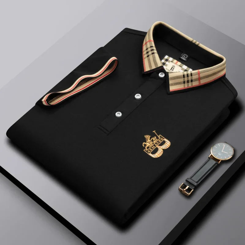 Summer novel men's high-end lace collar B-shaped short sleeved polo shirt, comfortable and casual business T-shirt