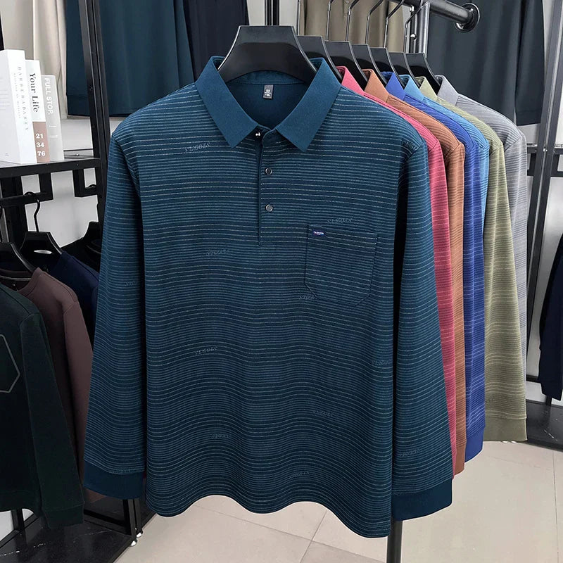 2025 long sleeved men's spring and autumn collar striped pullover top with loose pockets polo shirt
