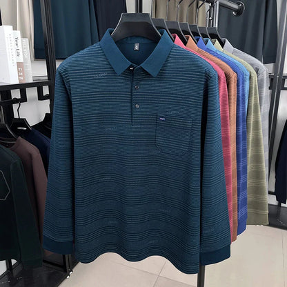 2025 long sleeved men's spring and autumn collar striped pullover top with loose pockets polo shirt
